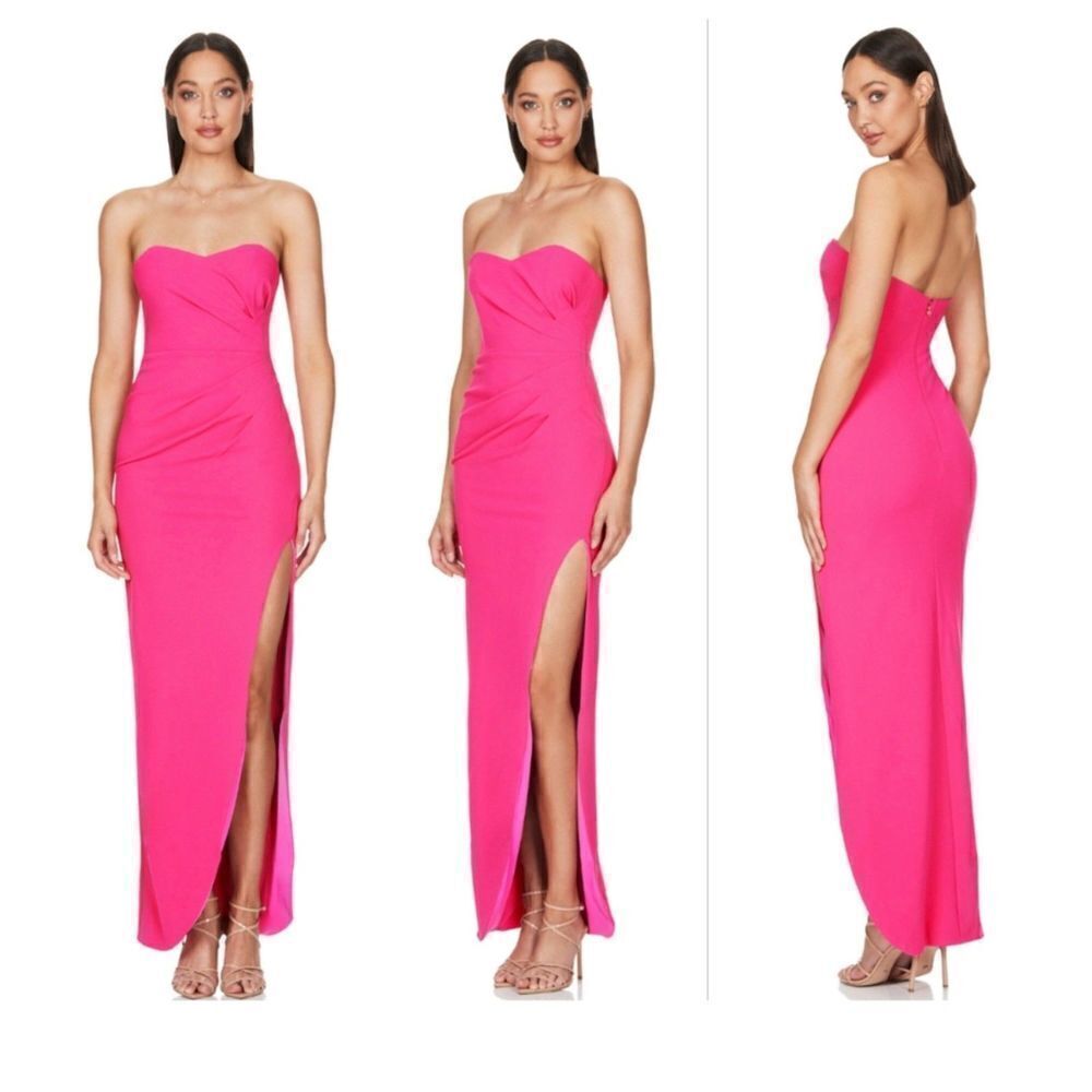 NOOKIE Cherish Paris Hot Pink Strapless Front Slit Maxi Gown Dress Size …